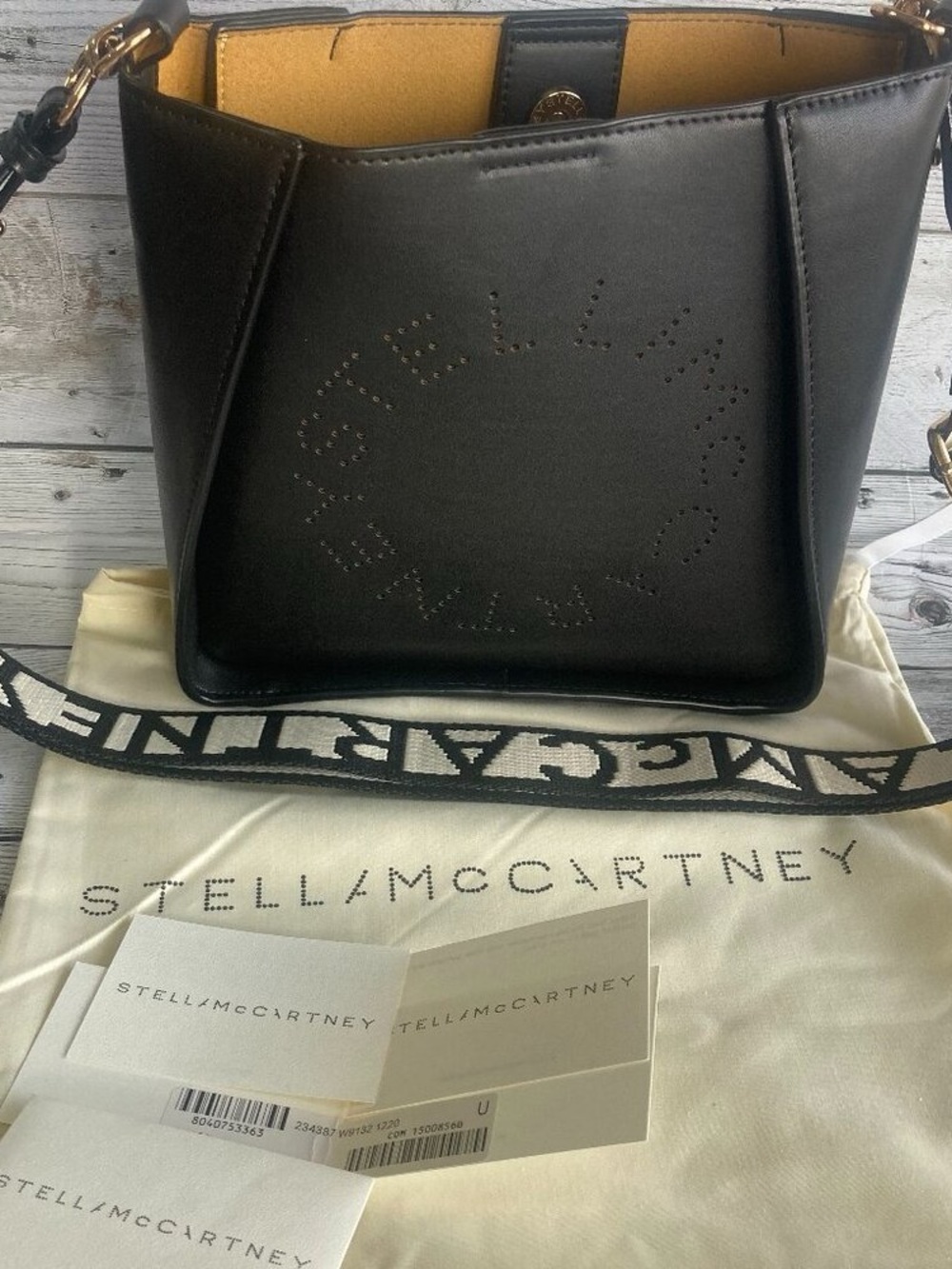 Stella McCartney Black Perforated Logo Shoulder Bag with Branded Strap